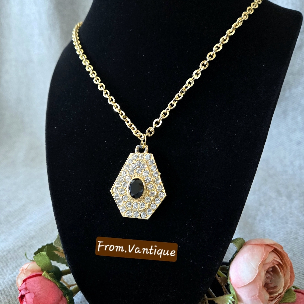 💠⚫️ Vintage Gatsby Black & Clear Rhinestones Golden Necklace ⛓️
